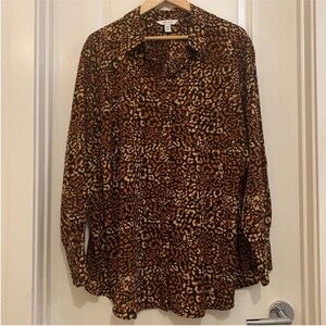 Nine West neutral button down black brown tan leopard print top size 3x mob wife